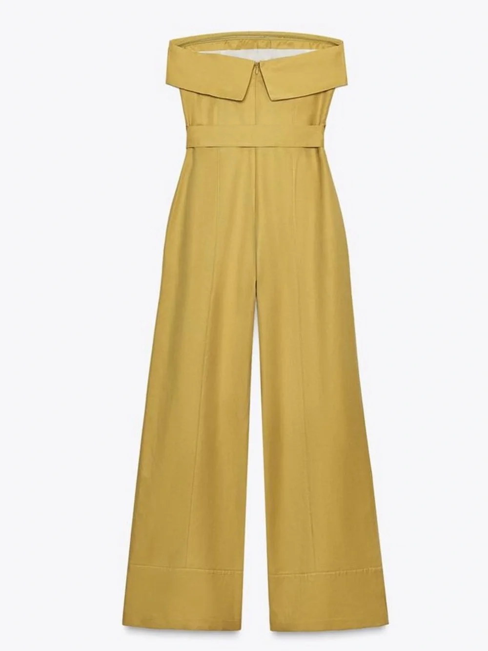 ZARA Strapless Linen-blend Wide Leg Belted Jumpsuit Mustard Olive NWT M